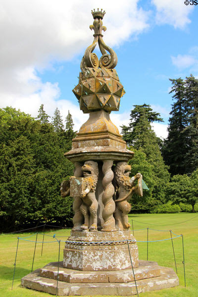 Elaborate sundial sculpture with lions on grounds of Glamis Castle. Angus, Scotland.