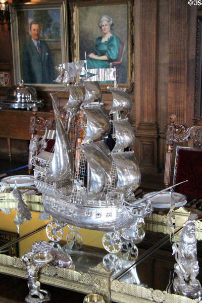 Silver galleon nef in dining room at Glamis Castle. Angus, Scotland.