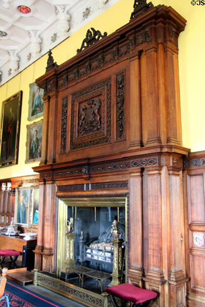 Fireplace in dining room at Glamis Castle. Angus, Scotland.