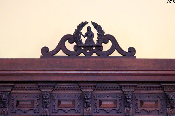 Carved figure over fireplace in dining room at Glamis Castle. Angus, Scotland.