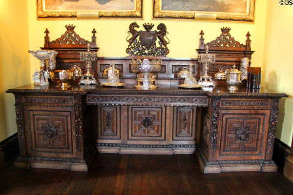 Sideboard with silver in dining room at Glamis Castle. Angus, Scotland.