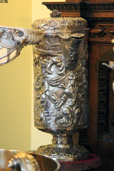 Embossed silver covered flagon in dining room at Glamis Castle. Angus, Scotland.
