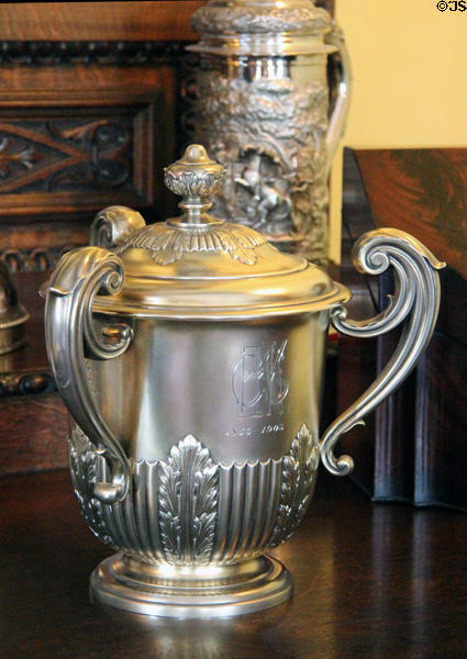 Silver three-handled covered loving cup (1903) in dining room at Glamis Castle. Angus, Scotland.
