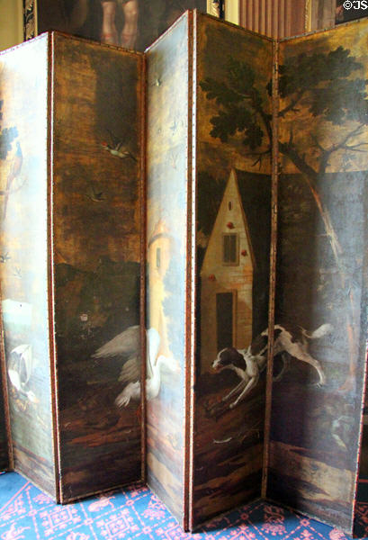 Screen painted with country scene in dining room at Glamis Castle. Angus, Scotland.
