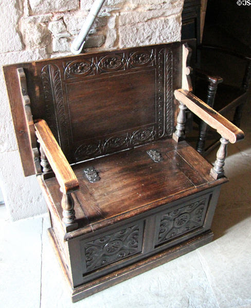Bench table where table top moves to become backrest of bench in crypt at Glamis Castle. Angus, Scotland.