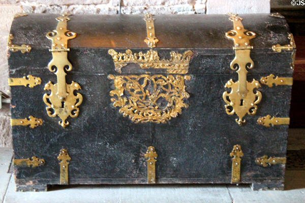 Metal fastened leather chest in crypt at Glamis Castle. Angus, Scotland.