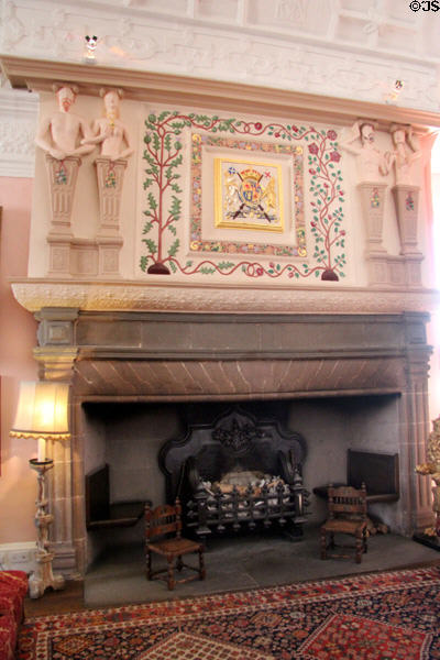 Great hall fireplace commemorates 1603 union of crowns of Scotland & England at Glamis Castle. Angus, Scotland.