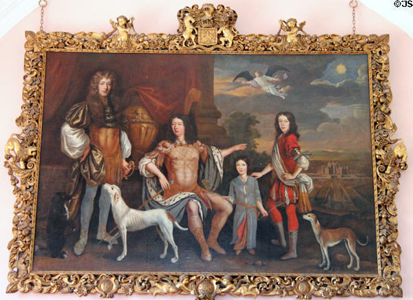 Patrick Lyon, 3rd Earl of Strathmore & Kinghorne, in classical style seated among family pointing to Glamis Castle in distance painting (17thC) by Jacob de Wet in great hall at Glamis Castle. Angus, Scotland.
