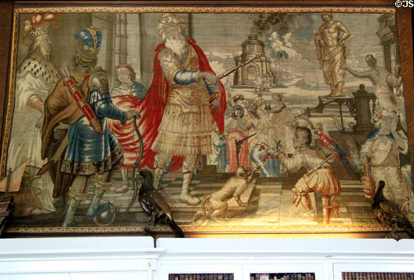 Tapestry with horse-drawn procession in billiard room / library at Glamis Castle. Angus, Scotland.