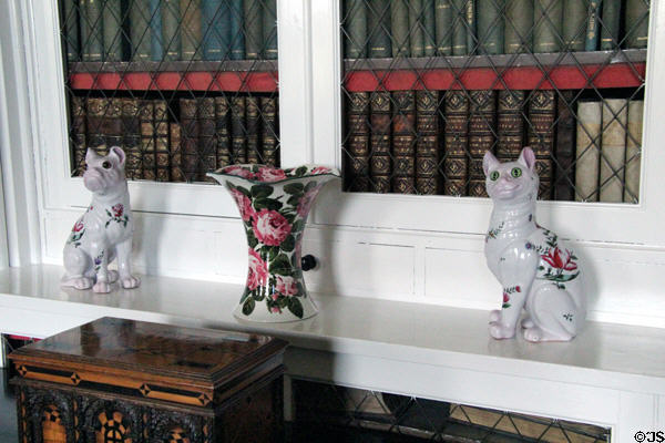 Scottish Wemyss Ware pottery from Fife in billiard room / library at Glamis Castle. Angus, Scotland.