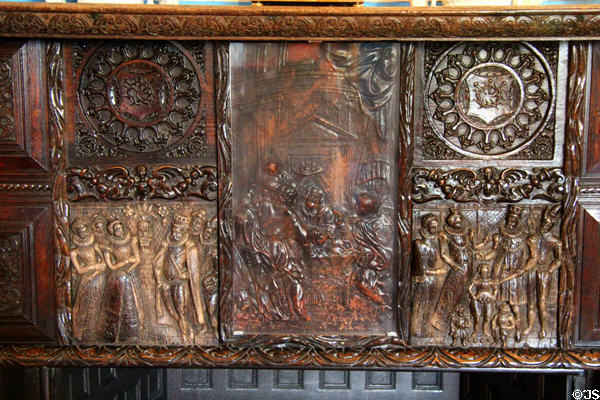 Carved fireplace mantle in Malcolm's room at Glamis Castle. Angus, Scotland.