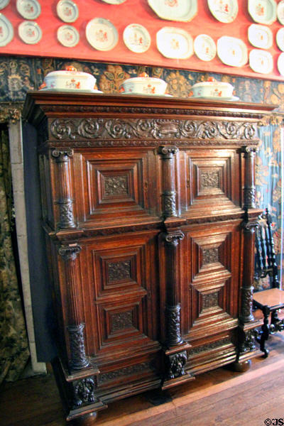 Cabinet with porcelain in Malcolm's room at Glamis Castle. Angus, Scotland.