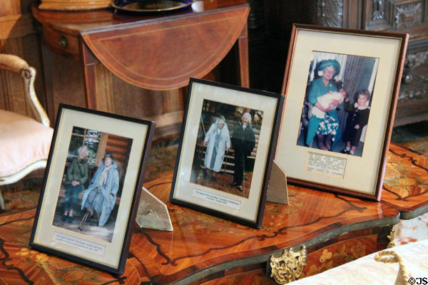 Royal family photos in Queen Mother sitting area at Glamis Castle. Angus, Scotland.
