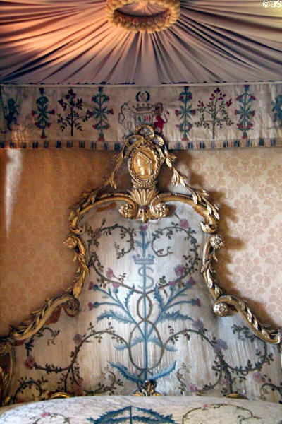 Crewel work cover (1993) by Philippa Turnbull in Queen Mother's bedroom at Glamis Castle. Angus, Scotland.