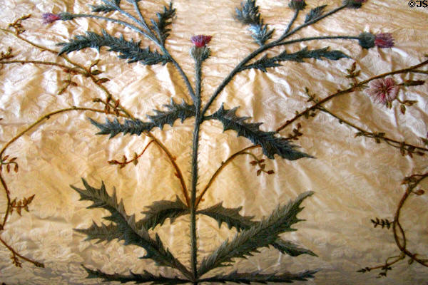 Thistle detail of crewel work cover (1993) by Philippa Turnbull in Queen Mother's bedroom at Glamis Castle. Angus, Scotland.