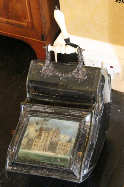 Coal scuttle with painted picture of Glamis in Queen Mother's bedroom at Glamis Castle. Angus, Scotland.