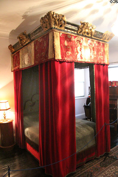 King's bedroom with oldest bed (early 1700s) slept in by Pretender James Francis Edward Stuart at Glamis Castle. Angus, Scotland.