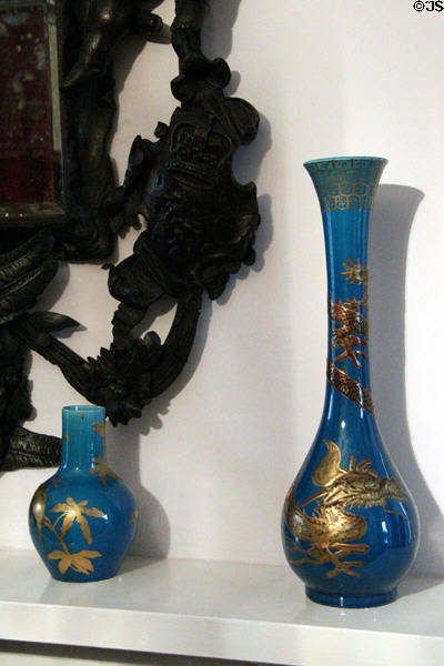 Blue glass vases (19thC) with Chinese themes in gold in king's bedroom at Glamis Castle. Angus, Scotland.
