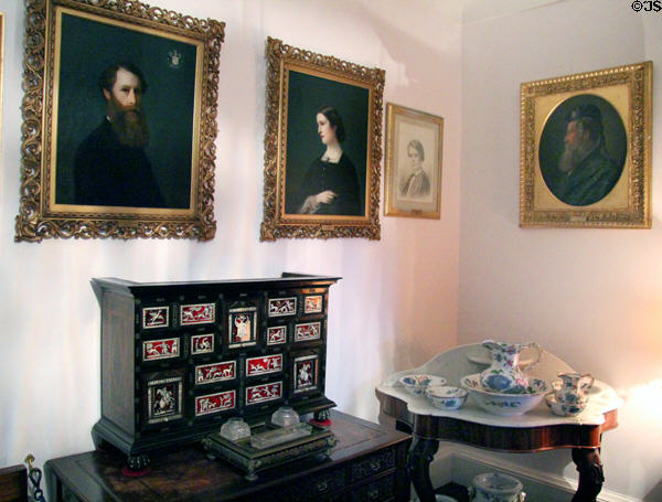 Corner with portraits in king's bedroom at Glamis Castle. Angus, Scotland.