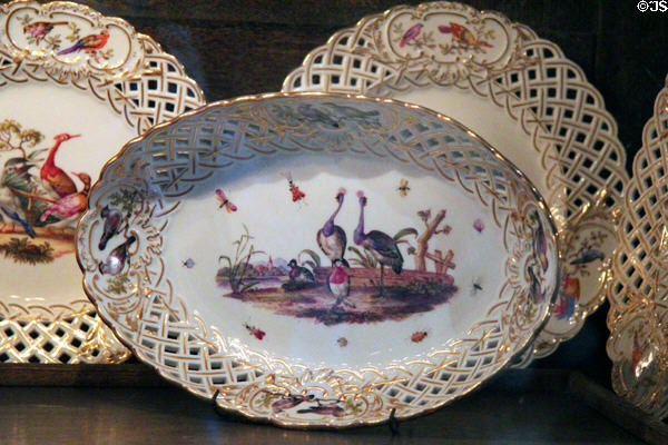 Lace porcelain plates painted with bird themes at Glamis Castle. Angus, Scotland.
