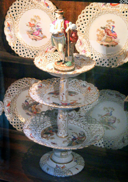 Lace porcelain plates & serving tower painted with bird themes at Glamis Castle. Angus, Scotland.