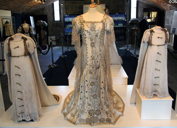 Gowns worn by Princesses Elizabeth & Margaret flank gown of Queen Mother Elizabeth at coronation of King George VI (May 12, 1937) at Glamis Castle. Angus, Scotland.
