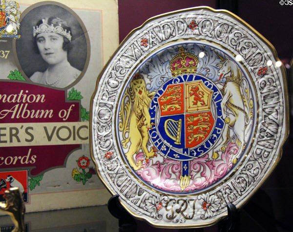 King George VI coronation souvenir ceramic plate (1937) at Glamis Castle. Angus, Scotland.