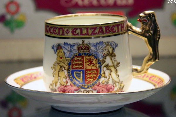 Queen Elizabeth coronation souvenir cup (1937) at Glamis Castle. Angus, Scotland.