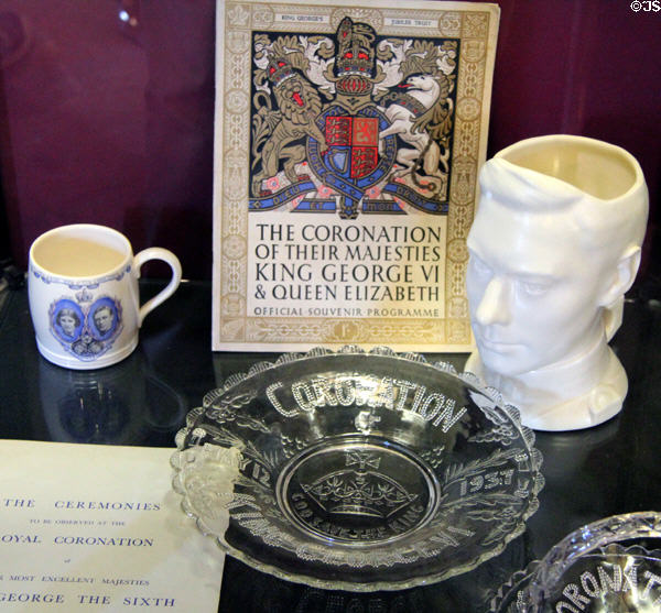 King George VI & Queen Elizabeth coronation souvenir items (1937) at Glamis Castle. Angus, Scotland.