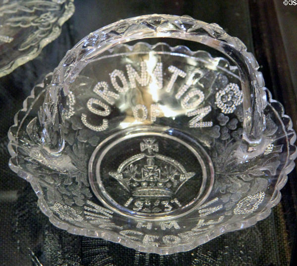 King George VI coronation souvenir pressed glass basket (1937) at Glamis Castle. Angus, Scotland.