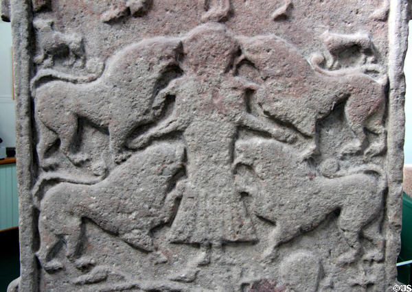 Pictish cross-slab (back of #2) detail showing Vanora execution scene (or Daniel in lion's den) at Meigle Sculptured Stone Museum. Meigle, Scotland.