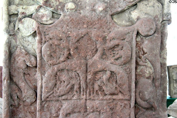 Pictish cross-slab (front of #2) detail scenes with animals at Meigle Sculptured Stone Museum. Meigle, Scotland.
