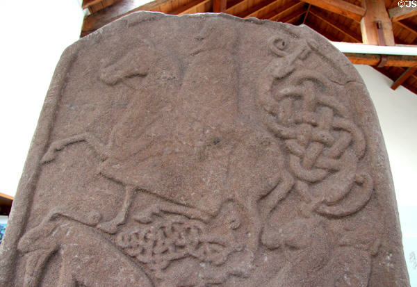 Pictish cross-slab (back of #4) detail of horseman framed by knots at Meigle Sculptured Stone Museum. Meigle, Scotland.