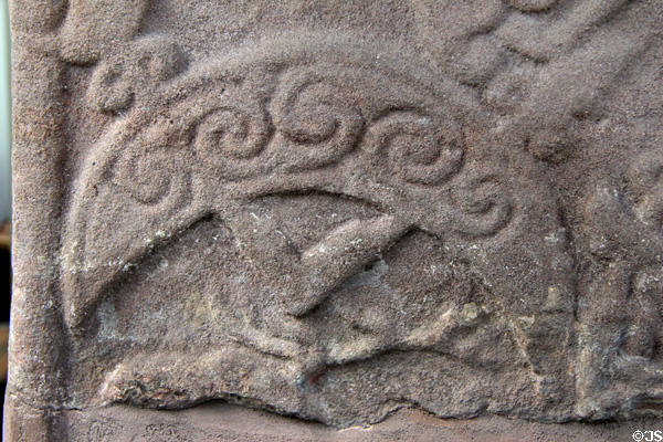 Pictish cross-slab (back of #4) detail of swirled crescent at Meigle Sculptured Stone Museum. Meigle, Scotland.