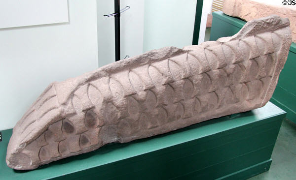 Pictish tombstone (#25) with hogback pattern (late 10thC) thought to mimic Viking longhouses at Meigle Sculptured Stone Museum. Meigle, Scotland.