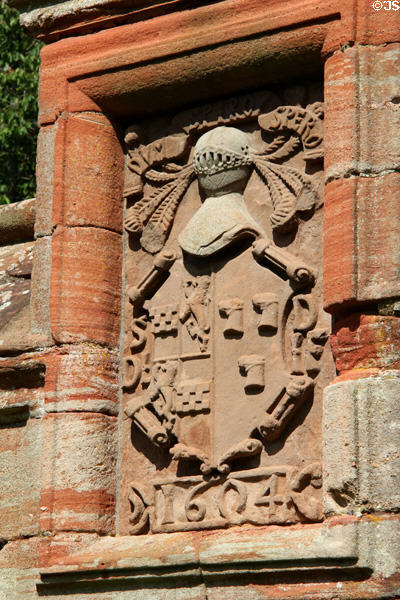 Arms (1604) of Sir David Lindsay & wife Dame Isabel Forbes who built garden wall at Edzell Castle. Brechin, Scotland.