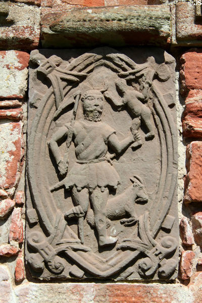 Saturn carved plaque in garden wall (1604) at Edzell Castle. Brechin, Scotland.
