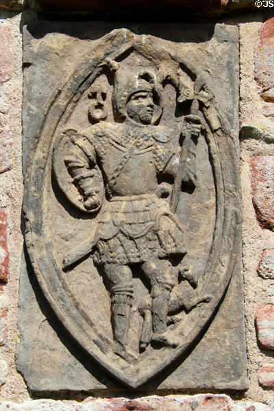 Mars carved plaque in garden wall (1604) at Edzell Castle. Brechin, Scotland.