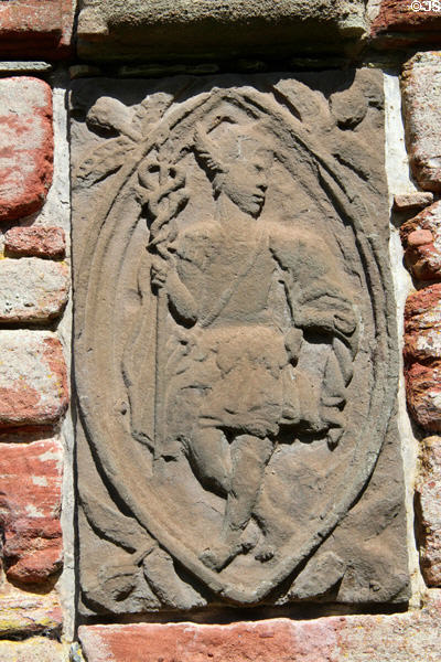 Mercury carved plaque in garden wall (1604) at Edzell Castle. Scotland.