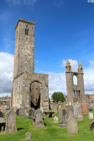 St Rule's Tower (12thC) & ruins of St Andrews Cathedral over burial ground. St Andrews, Scotland.