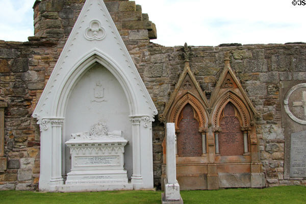 Grave monuments (c1870s) on wall at St Andrews Cathedral. St Andrews, Scotland.