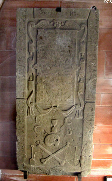 Skull & crossbones tombstone (1712) in museum at St Andrews Cathedral. St Andrews, Scotland.