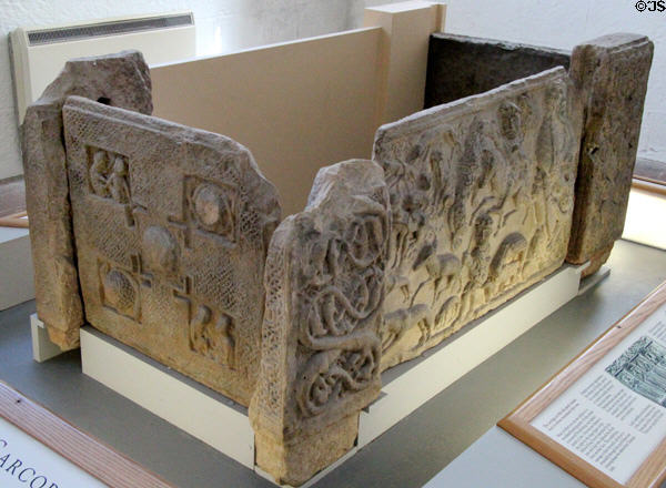 St Andrews Sarcophagus (late 8thC) with Pictish designs in museum at St Andrews Cathedral. St Andrews, Scotland.