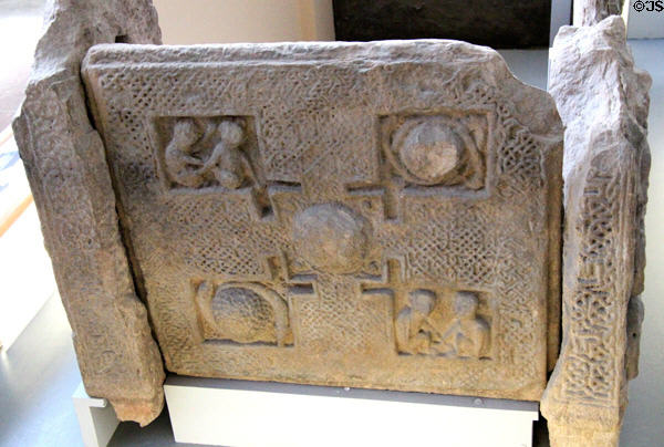 Pictish St Andrews Sarcophagus (late 8thC) in museum at St Andrews Cathedral. St Andrews, Scotland.