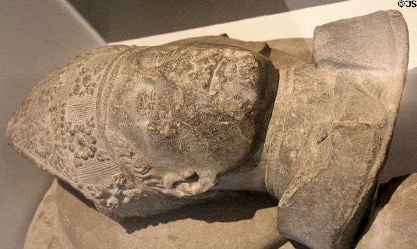 Stone fragment of tomb of Bishop Henry Wardlaw (c1440) in museum at St Andrews Cathedral. St Andrews, Scotland.