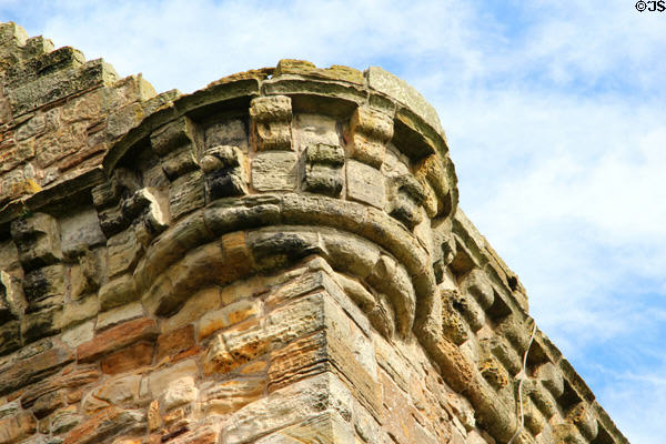 Stoneware detail of corner tower at St Andrews Castle. St Andrews, Scotland.
