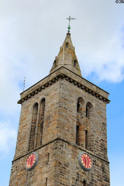College tower with original lower portion (c1450) & spire added (mid 16thC). St Andrews, Scotland.