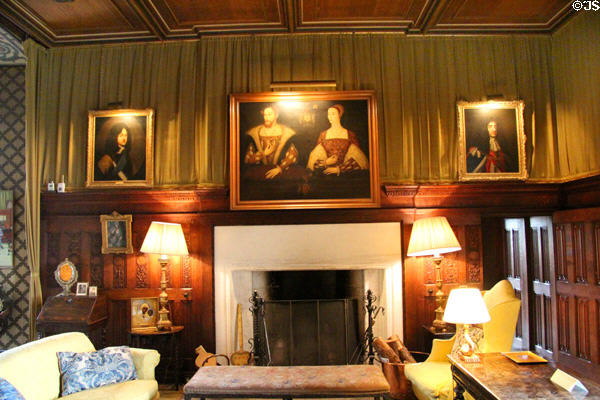 Drawing room & private library with central portrait of James V & Queen Mary of Guise at Falkland Palace. Falkland, Scotland.
