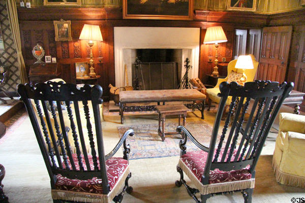 Armchairs before drawing room fireplace at Falkland Palace. Falkland, Scotland.