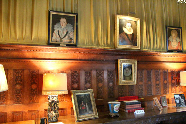 Wood paneling & paintings (16th-17thC) in drawing room fireplace at Falkland Palace. Falkland, Scotland.